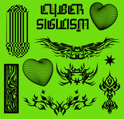 Vector illustration pack in the cyber sigilism style, featuring black tribal, geometric and wireframe shapes, with optical illusions and Y2K-inspired typography on a neon green background.