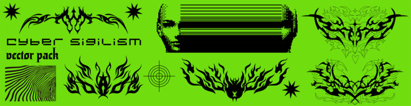 Vector illustration in cyber sigilism style with tribal black shapes, starbursts, techno face art, optical illusion lines on neon green. Features contemporary, digital, Y2K-inspired graphic elements.