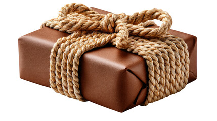Obraz premium Wrapped Gift Elegance: A beautifully presented brown gift, wrapped with a rope, captures the essence of thoughtfulness and anticipation. The rustic rope adds a touch of natural beauty.