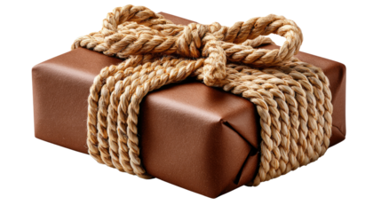 Wrapped Gift Elegance: A beautifully presented brown gift, wrapped with a rope, captures the essence of thoughtfulness and anticipation. The rustic rope adds a touch of natural beauty.