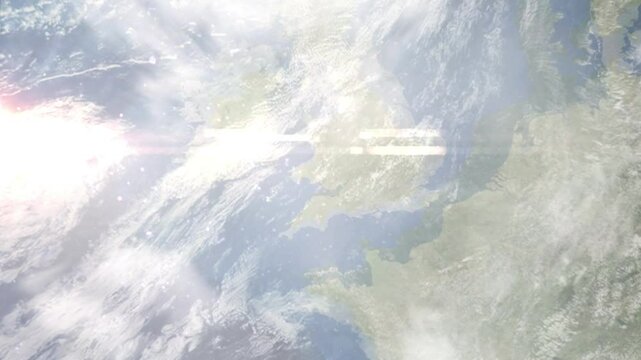 Earth zoom in from space and focus on Neath, Wales, Great Britain. Background for travel intro or blog. Satellite view. 3D style Animation. Images from NASA.