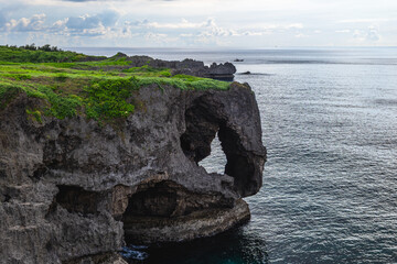 Scenery of Cape Manzamo, a scenic rock formation on Okinawa, Japan.