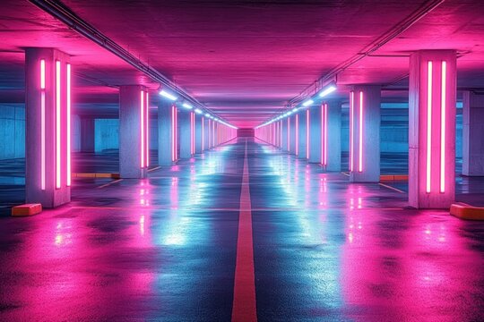 Empty indoor parking garage illuminated by vibrant pink and blue neon lights reflecting on wet floor creating a futuristic and symmetrical perspective