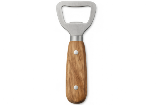 Classic bottle opener with steel metal top and wooden handle, isolated on transparent background