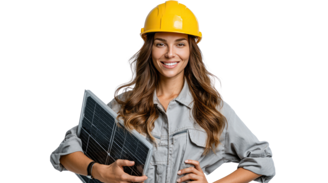 Renewable Energy Champion: A female engineer stands proud, holding a solar panel, radiating expertise and commitment, representing the power of sustainable energy.