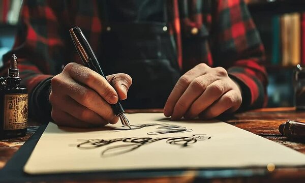 Calligraphy Artist Crafting Elegant Lettering with a Fountain Pen in Studio
