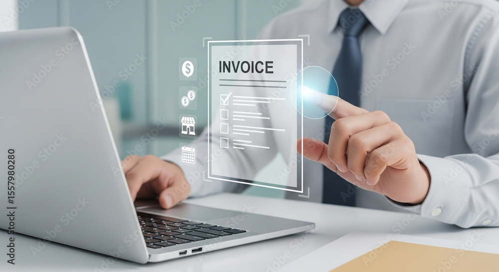 Poster man interacting with digital invoice on laptop screen in bright office environment at a desk space