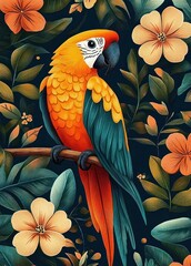 Fototapeta premium Vibrant orange and teal parrot perched on a branch surrounded by lush green leaves and large peach-colored flowers, creating a lively and tropical atmosphere