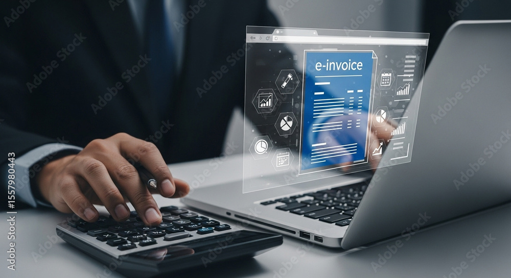 Poster Man using laptop with e invoice interface and calculator for financial analysis and accounting task
