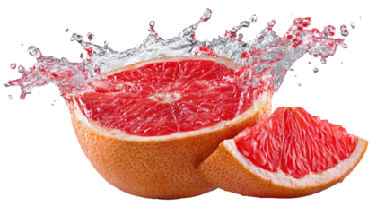 Grapefruit Water Splash: A refreshing display of a halved grapefruit and a single wedge, encapsulated in a splash of clear water, evoking a sense of freshness and vibrant flavor.