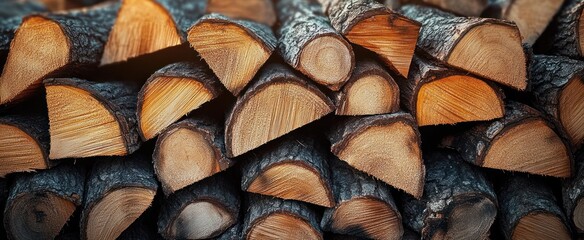 Close-up of neatly stacked freshly cut firewood logs with visible tree rings and bark textures