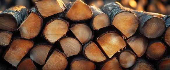 Fototapete Rund Stack of freshly cut firewood logs with visible natural wood textures and dark bark in warm sunlight © Mariya