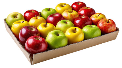 Apples in a Tray: A close-up studio shot of a variety of vibrant apples, neatly arranged in a cardboard tray, capturing the fresh and natural appeal of the fruit.