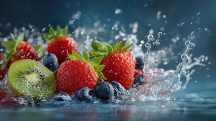 Fresh Burst of Fruit: A captivating image showcasing the vibrant colors and freshness of a medley of fruits as they interact with water, creating a stunning visual effect.