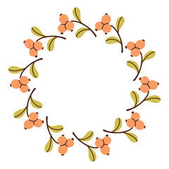 Autumn berry circle frame. Round border made of fall berries. The berries have different shapes and are arranged in a circle. Vector flat isolated on white background.