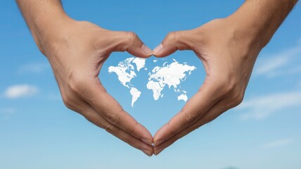 Hands forming a heart with world map inside, clean pastel style, earth in hands, heart shaped hands