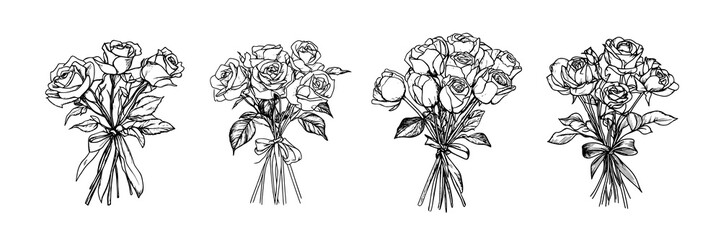 Elegant vector illustration of detailed rose bouquets tied with bows, ideal for floral designs, wedding invitations, and romantic projects. Perfect for nature and botanical art enthusiasts.