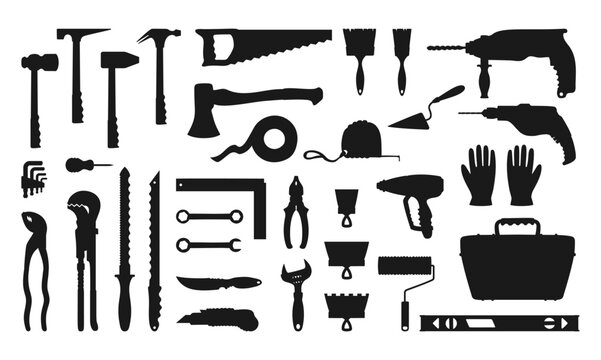 Building tools construction equipment set silhouette illustration. Hardware for repair works service construction industry black kit. Hammer axe tools for home repairs tool box cartoon isolated vector