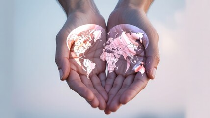 Hands forming a heart with world map inside, clean pastel style, earth in hands, heart shaped hands