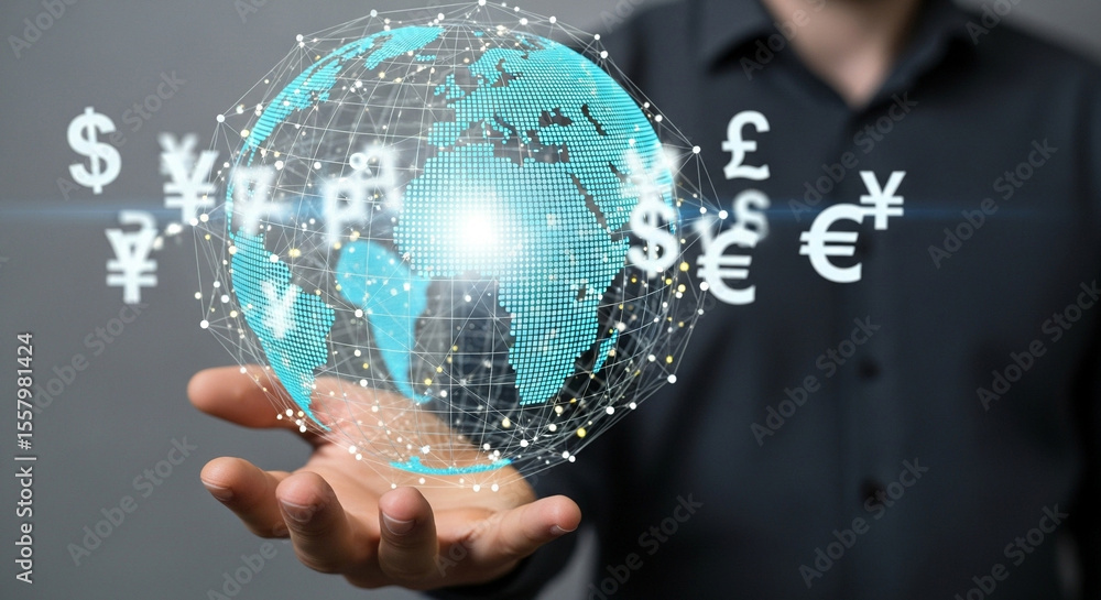 Poster Man holding a digital globe with currency symbols floating around it in a modern setting