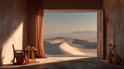 Desert Landscape Visible from a Room with a Table and Chair in Warm Light