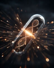 DNA floats in the center of a ruptured capsule, with light exploding out in a radius, representing life force and transformation.