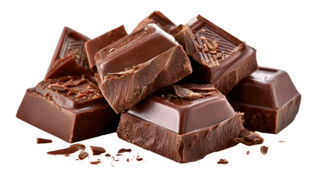 Decadent chocolate chunks: A close-up view of broken dark chocolate, inviting cravings, revealing its rich color and irresistible texture.