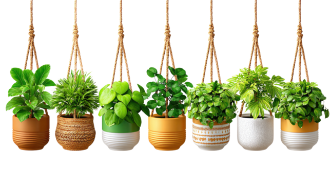 Hanging Plants Array: A vibrant assortment of lush green hanging plants, displayed in diverse ceramic pots suspended by woven rope, brings a touch of nature's tranquility indoors.