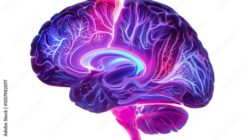 Poster glowing abstract human brain with intricate neural pathways in purple and pink hues isolated on a tr