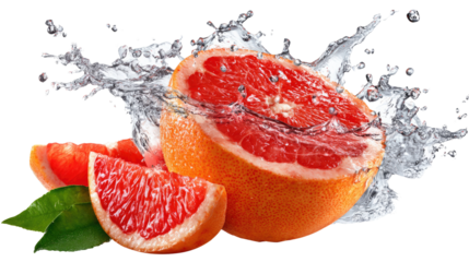 Refreshing Burst: Vivid composition features a sliced grapefruit, fresh and juicy, surrounded by droplets of water, creating a visual symphony of freshness and zest.