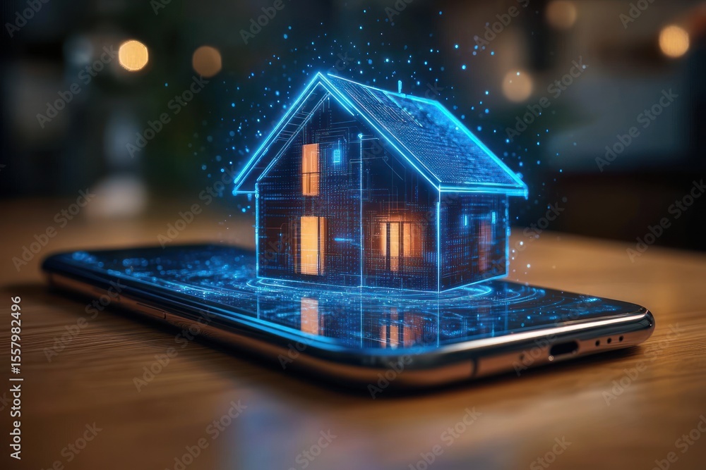 Poster digital hologram of a modern house with glowing windows projected above a smartphone on a wooden sur