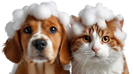Dog and Cat Bath Time: A heartwarming scene of a dog and cat covered in fluffy bubbles, looking adorable and clean, ready for a fresh start.