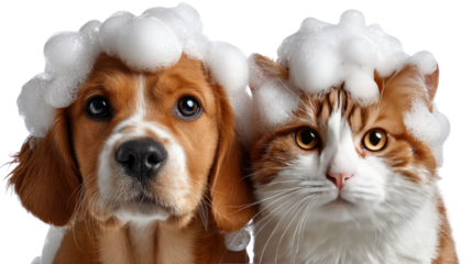 Dog and Cat Bath Time: A heartwarming scene of a dog and cat covered in fluffy bubbles, looking adorable and clean, ready for a fresh start.
