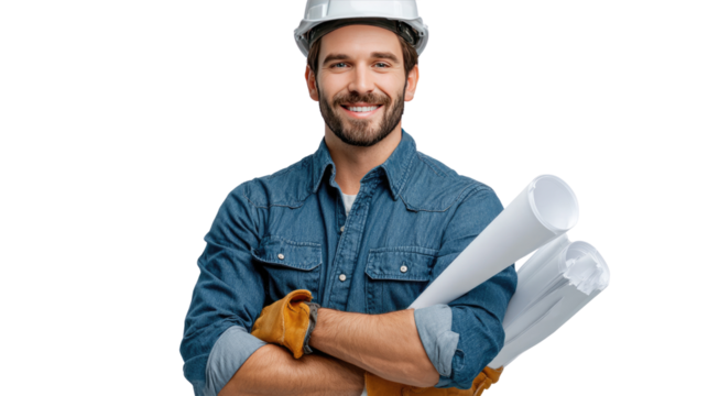 Smiling Architect with Blueprints: A confident architect, clad in a hard hat, holds rolled blueprints while radiating competence.