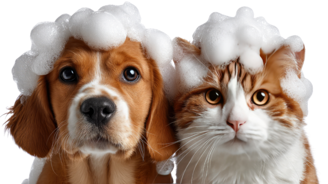 Dog and Cat Bath Time: A heartwarming scene of a dog and cat covered in fluffy bubbles, looking adorable and clean, ready for a fresh start.