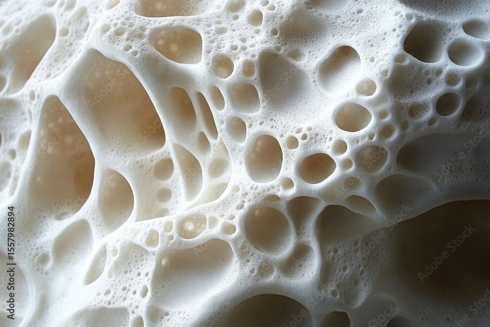 Poster close-up view of a porous, foam-like white structure with various sizes of rounded holes and soft te