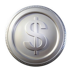 Close-up of a shiny silver coin featuring a prominent dollar sign, symbolizing wealth and currency in a contemporary financial context.