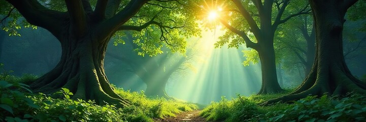 Sunlight Dapples through Ancient Forest Canopy Discover Tranquility and Mystical Serenity in a Lush, Vibrant Nature Scene