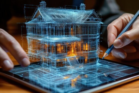 Hand sketching a detailed digital 3D wireframe model of a house with illuminated interior on a tablet, blending traditional drawing with advanced technology