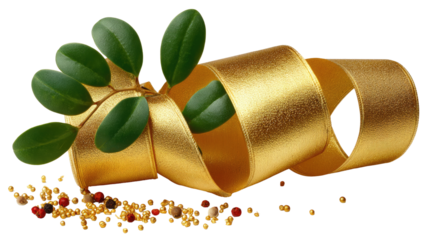 Golden Ribbon with Leaves: A luxurious golden ribbon elegantly curls, intertwined with fresh, vibrant green leaves. Small scattered spices add a touch of earthy contrast.