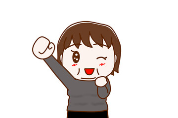 （上半身正面）やったーと片手をあげて笑顔でウインクする太った女性