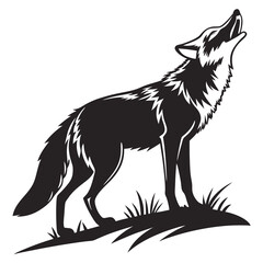 Obraz premium A black silhouette of a fox stands attentively on a small hill, gazing upwards with its head tilted back.