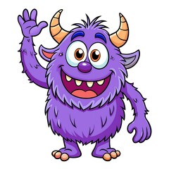 Fototapeta premium Cheerful Purple Monster: A delightful cartoon monster with a fluffy purple coat, charming smile, and curved horns waves hello. A symbol of fun and imagination.
