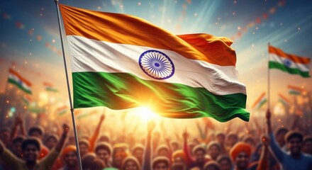 A Vibrant Indian Flag Waves Proudly Over a Cheering Crowd Celebrating National Pride