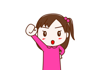 （上半身正面）気合を入れた顔でエイエイオーと右手をあげる少女