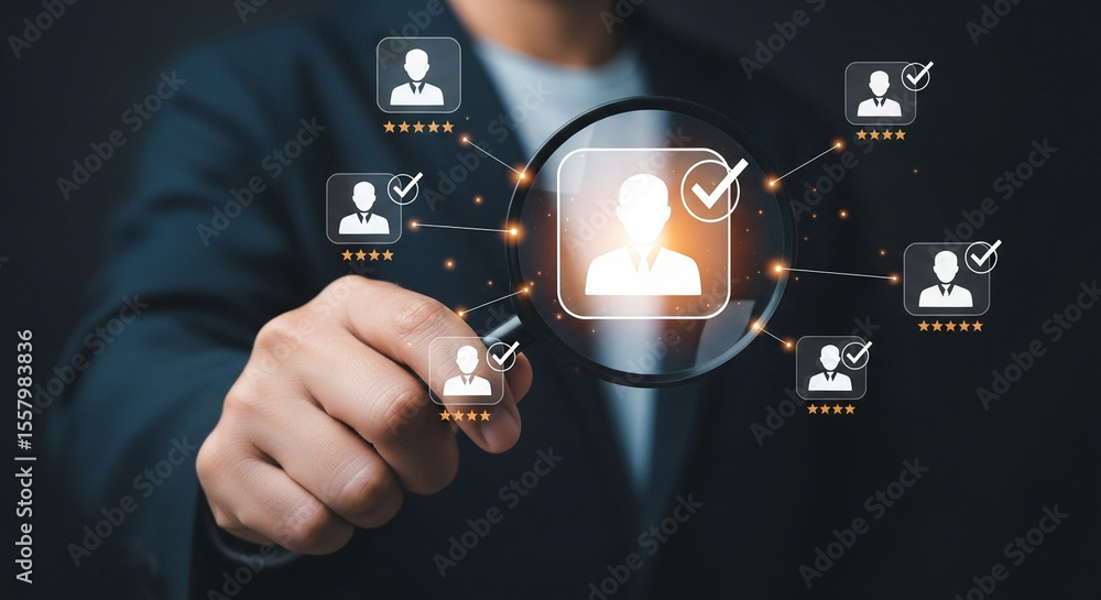 Poster person holding magnifying glass over digital profiles with ratings and check marks on dark backgroun