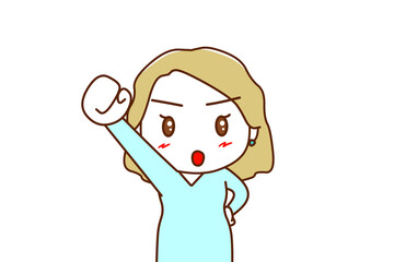 （上半身正面）気合を入れた顔でエイエイオーと右手をあげる白人女性