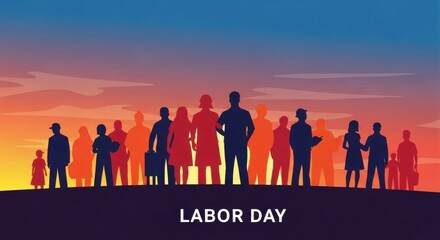 A Diverse Group of People Silhouetted Against a Warm Sunset Sky Celebrating Labor Day