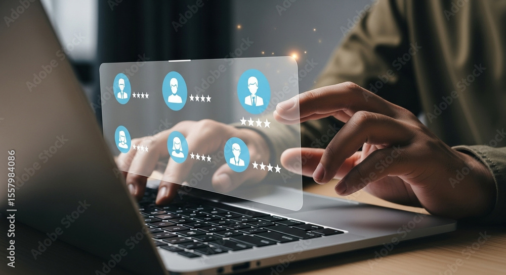 Poster Person using laptop with digital interface showing profile icons and star ratings overlaying screen