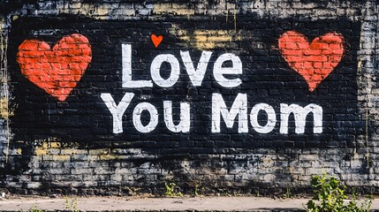 Colorful mural expressing love for mothers with red hearts and white text.